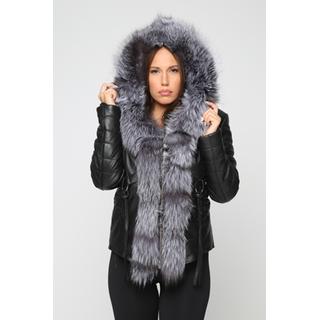 Woman´s leather jacket with real racoonfur and leather straps